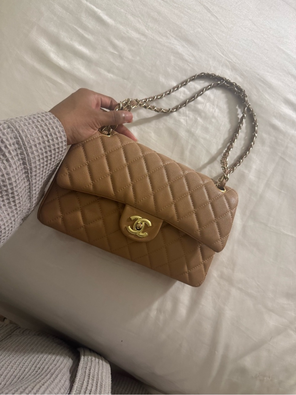 CHANEL Quilted Shoulder Bag in Tan with Gold Hardware